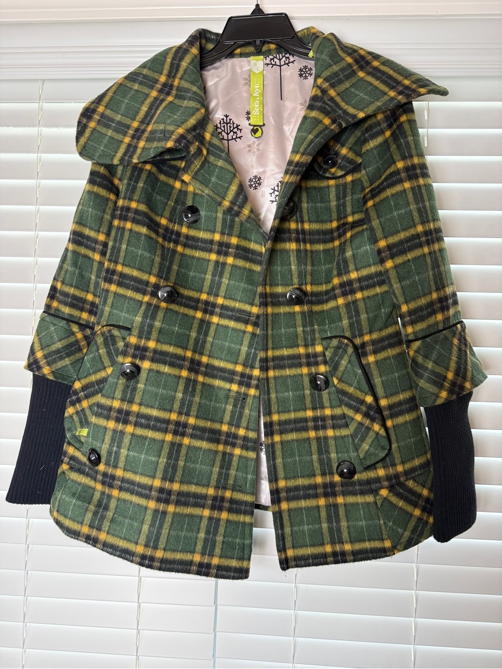 Soia & Kyo Green and Yellow lined Plaid Peacoat